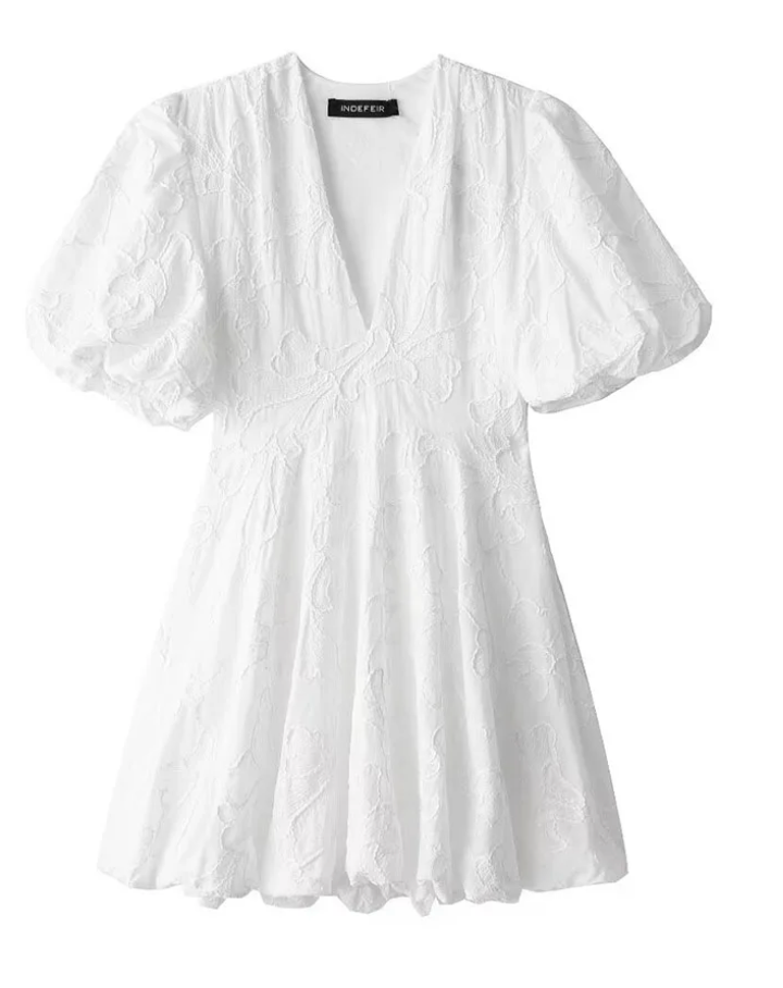 Amber | Women's White Embroidered Mini Dress with Puff Sleeves