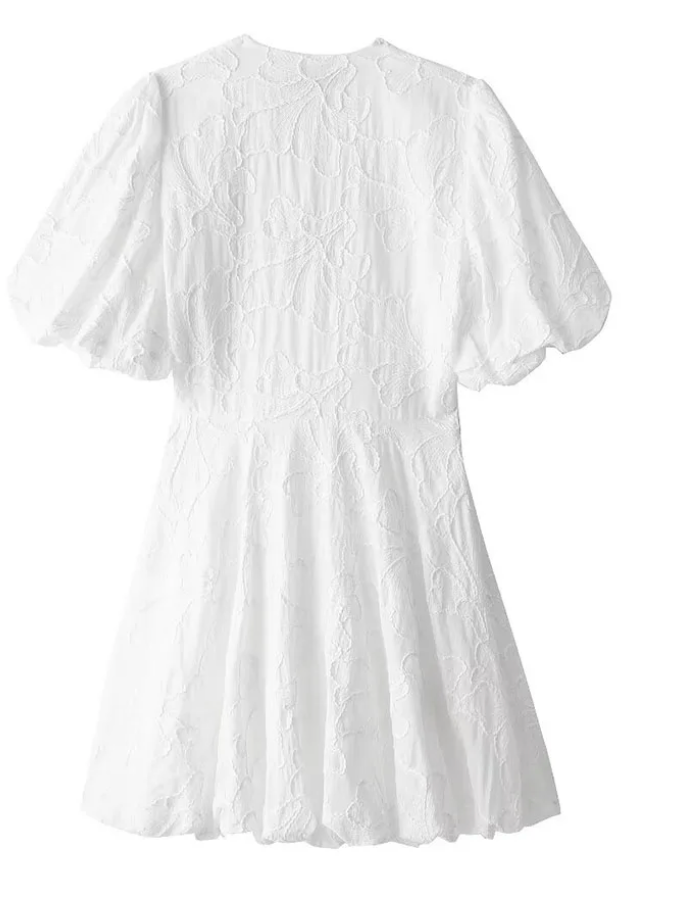 Amber | Women's White Embroidered Mini Dress with Puff Sleeves