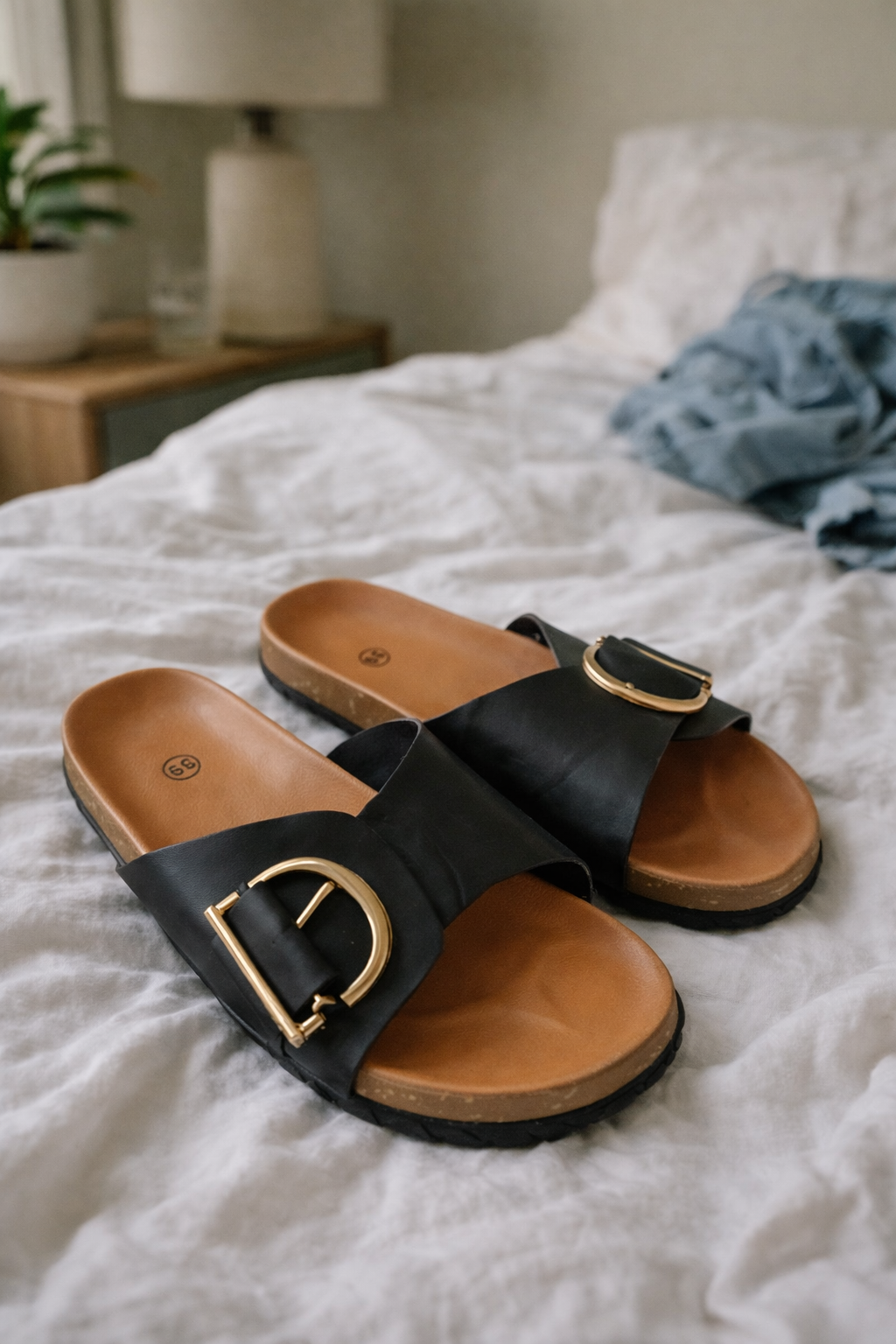 Black Sylvie buckle slide sandals with wide straps and gold-tone buckles on a white bed.