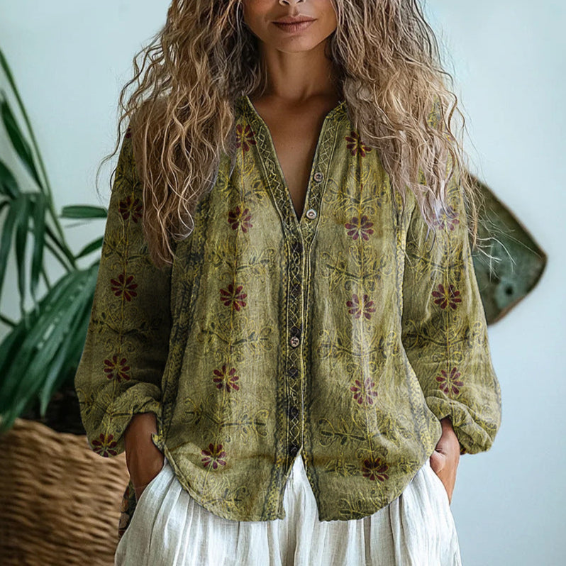 Olivia | Vintage Blouse with Leaf Print