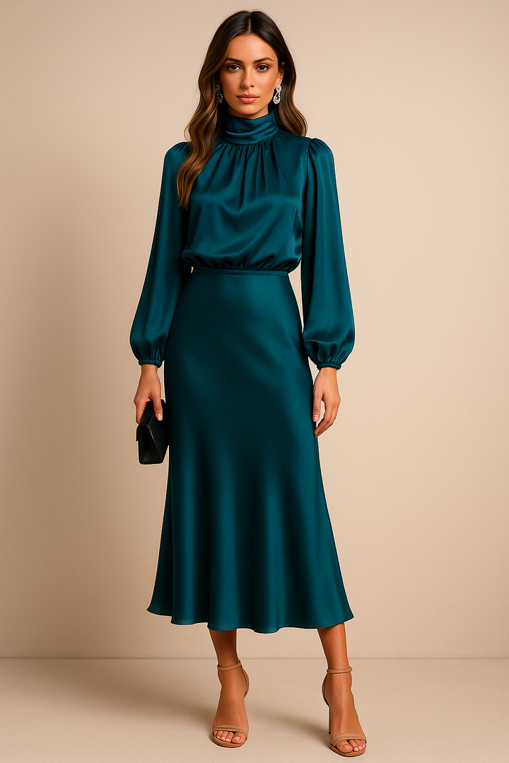 Camille | Women's High Neck Midi Wedding Guest Dress