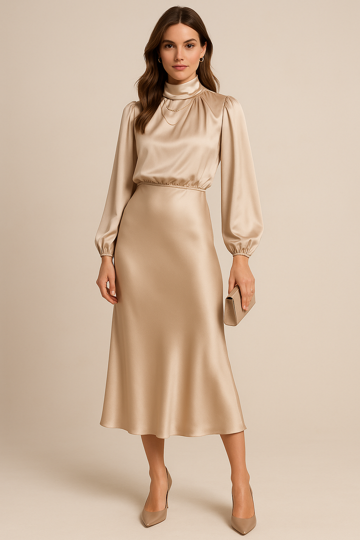 Camille | Women's High Neck Midi Wedding Guest Dress