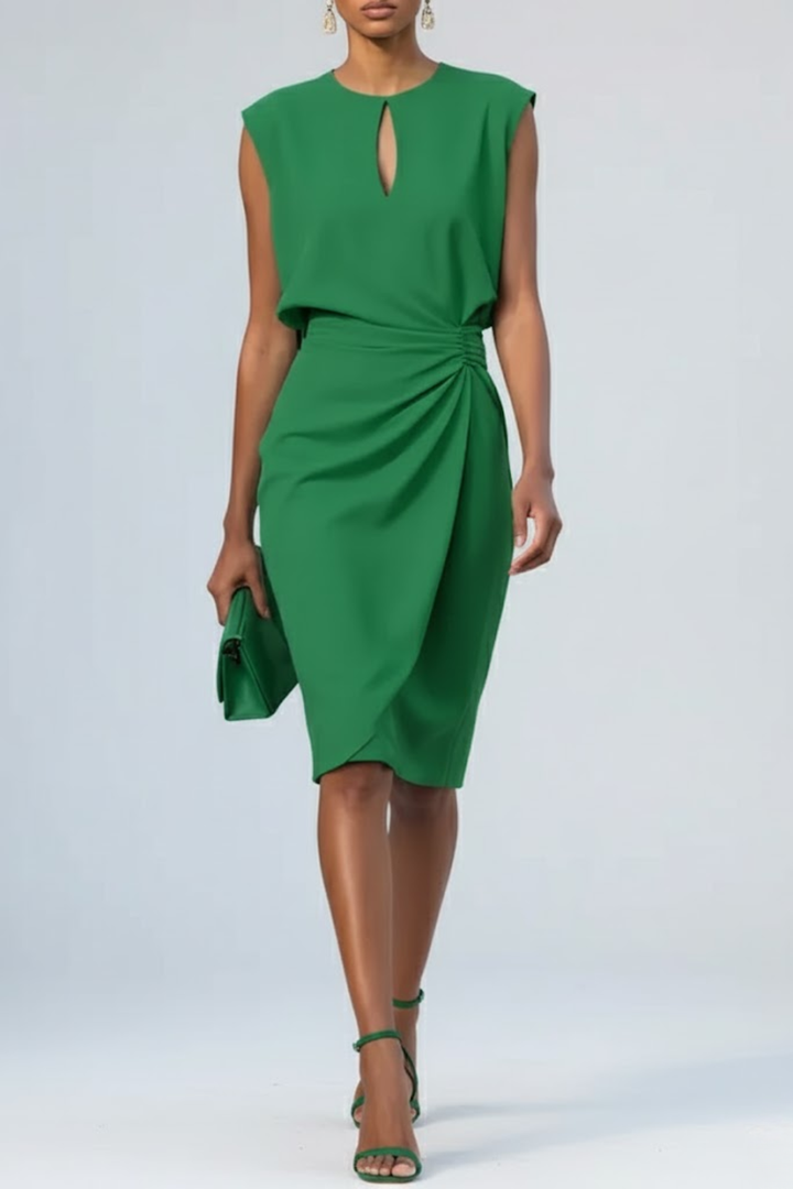Nadia | Women's Keyhole Neck Midi Cocktail Dress with Ruched Waist