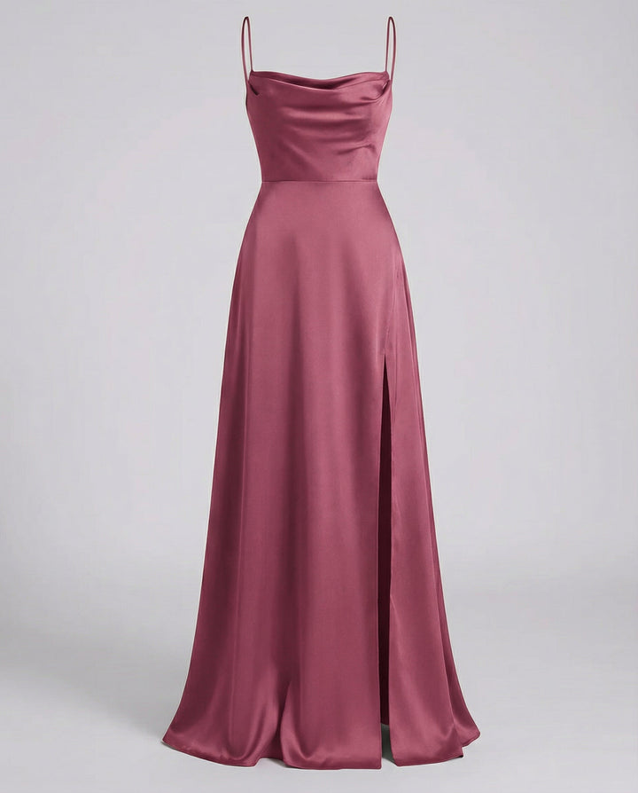 Isabella | Women's Satin Cowl Neck High Slit Maxi Dress