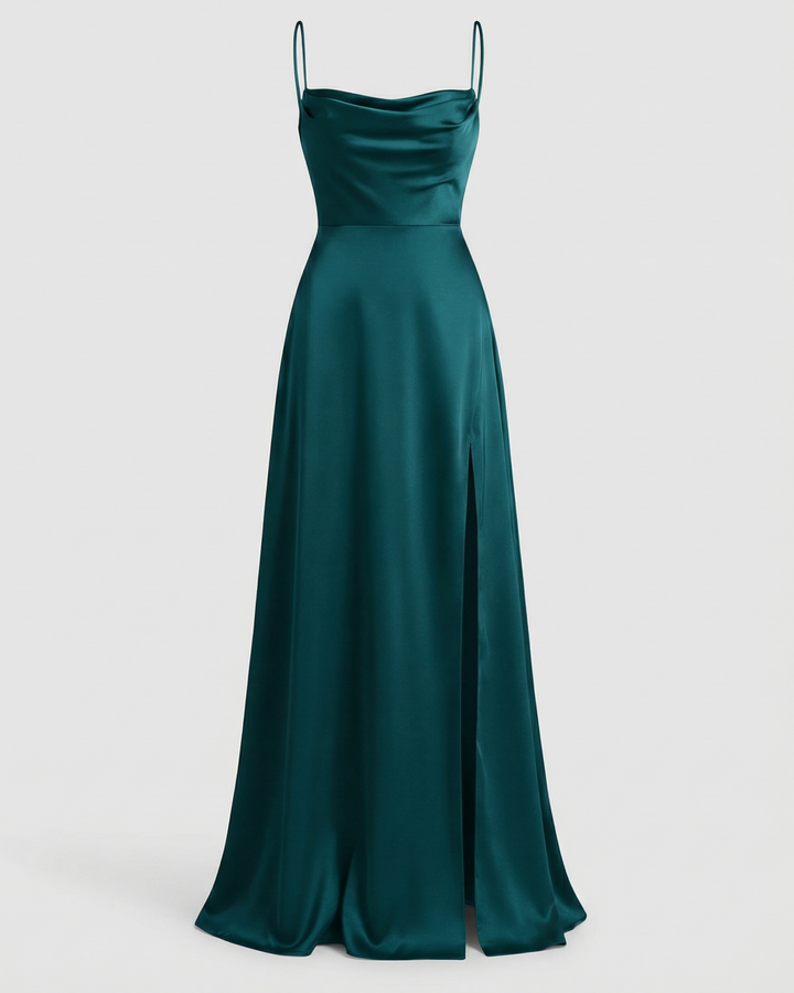 Isabella | Women's Satin Cowl Neck High Slit Maxi Dress