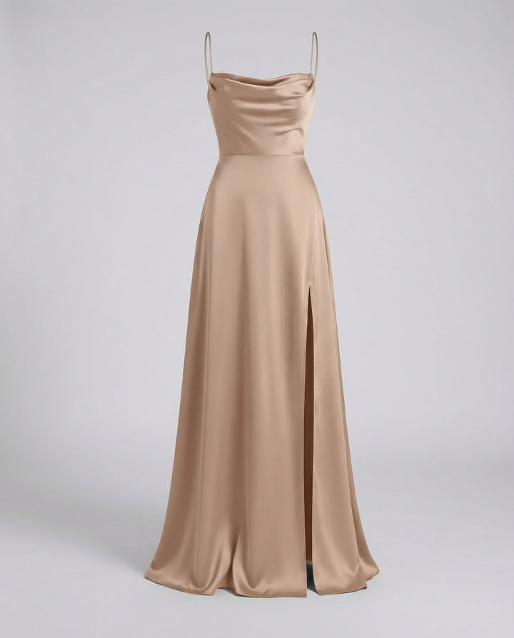 Isabella | Women's Satin Cowl Neck High Slit Maxi Dress