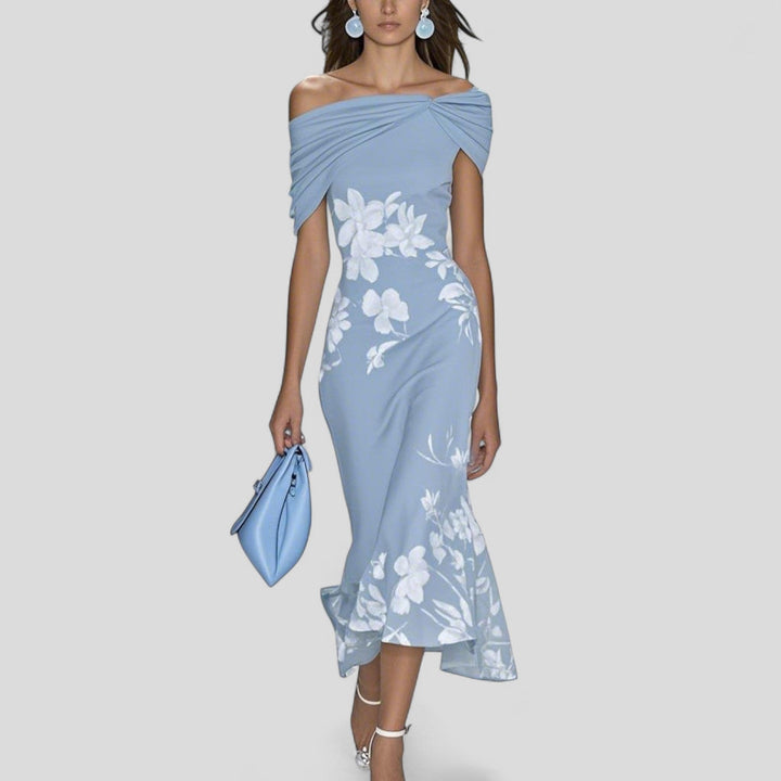 Celeste | Women’s Off Shoulder Floral Midi Dress with Draped Neckline
