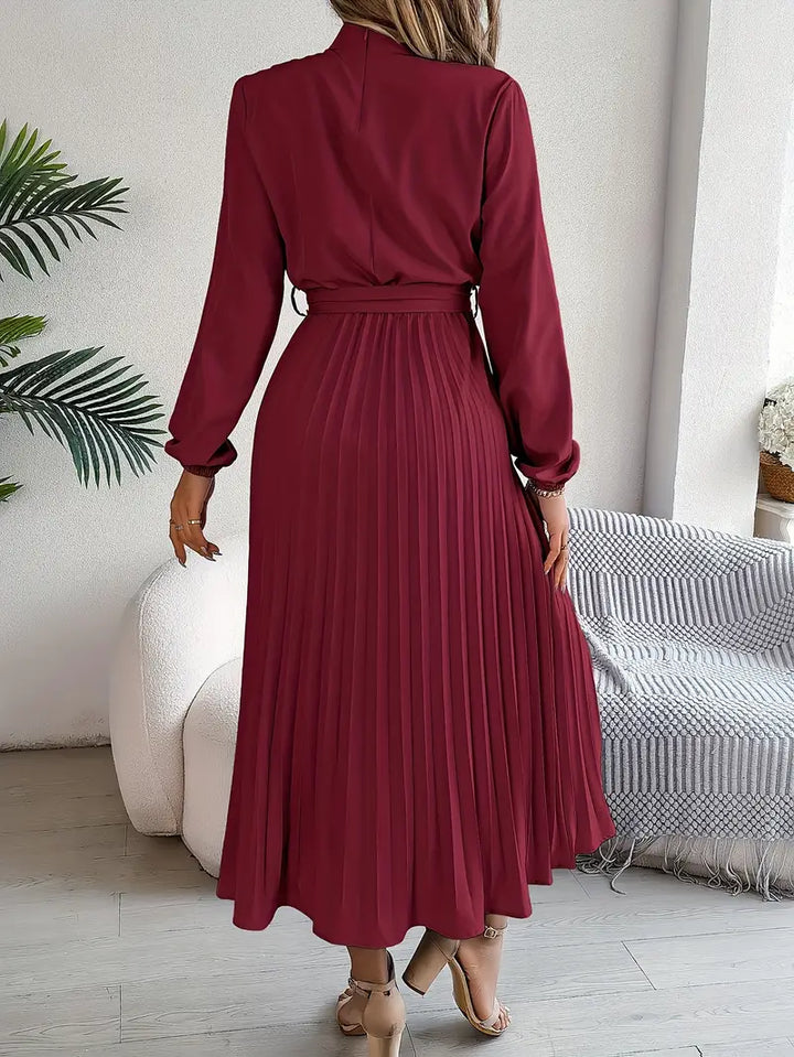 Amelia | Women's Long Sleeve Pleated Midi Dress with Belted Waist