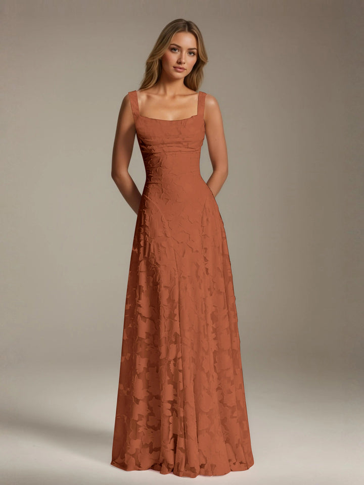 Adrienne women's floral lace A-line bridesmaid gown in terracotta with a square neckline.