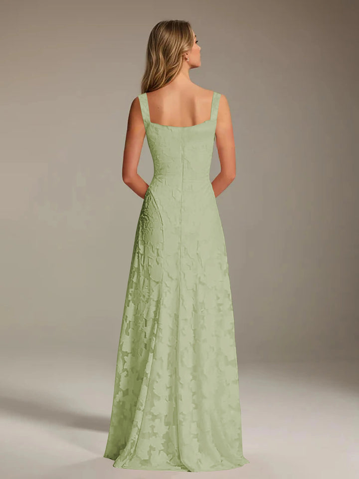Adrienne women's sage green floral lace A-line bridesmaid dress with square neckline, back view.