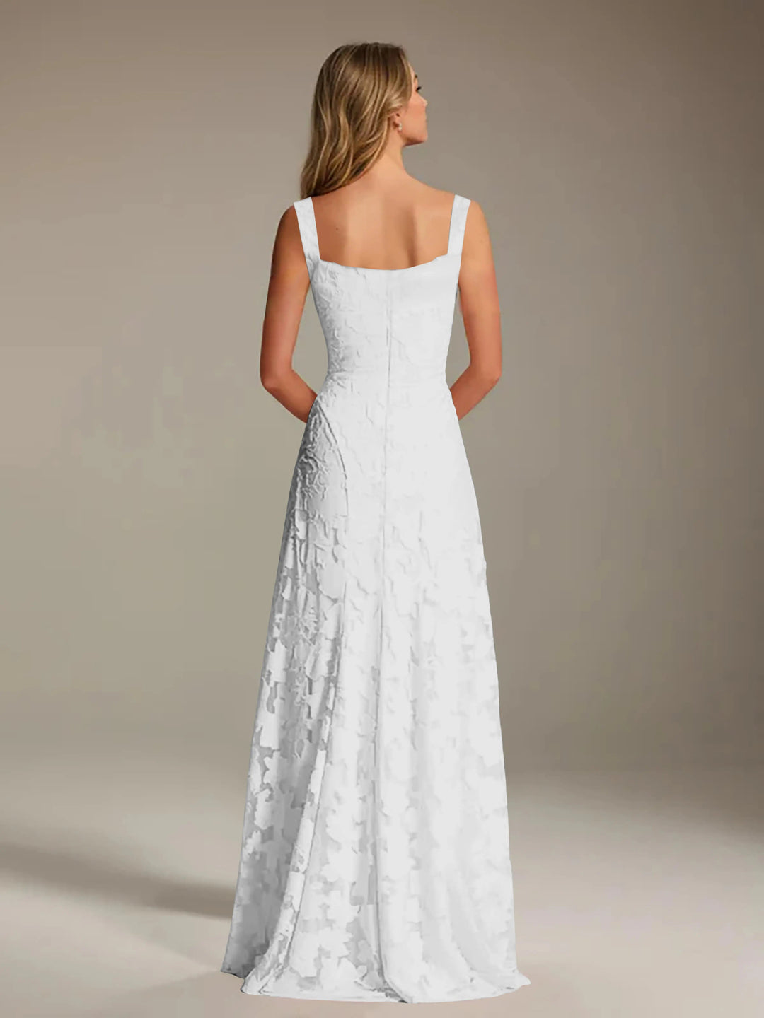 Adrienne white floral lace A-line bridesmaid dress with square neckline, viewed from the back.