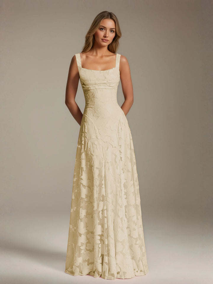 Adrienne women's floral lace A-line bridesmaid dress in champagne with a square neckline.