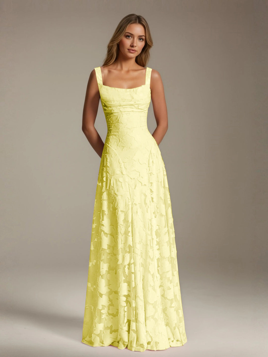 Adrienne women's floral bridesmaid dress: yellow A-line gown with square neckline and delicate lace.