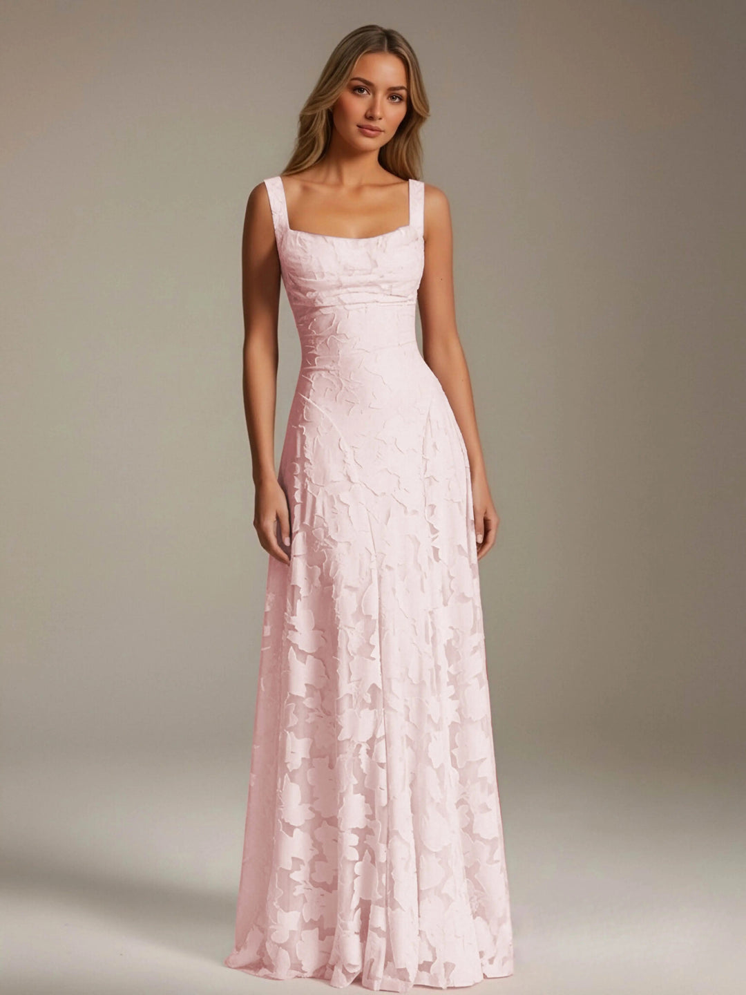 Adrienne women's floral bridesmaid dress: light pink A-line gown with square neckline and delicate lace.