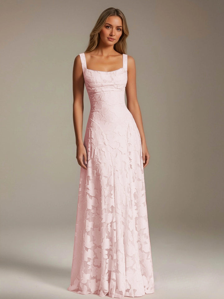Adrienne women's floral bridesmaid dress: light pink A-line gown with square neckline and delicate lace.