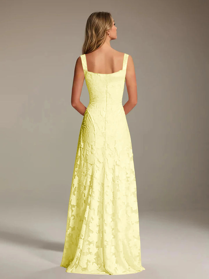 Adrienne women's floral lace A-line bridesmaid dress in light yellow, shown from the back.