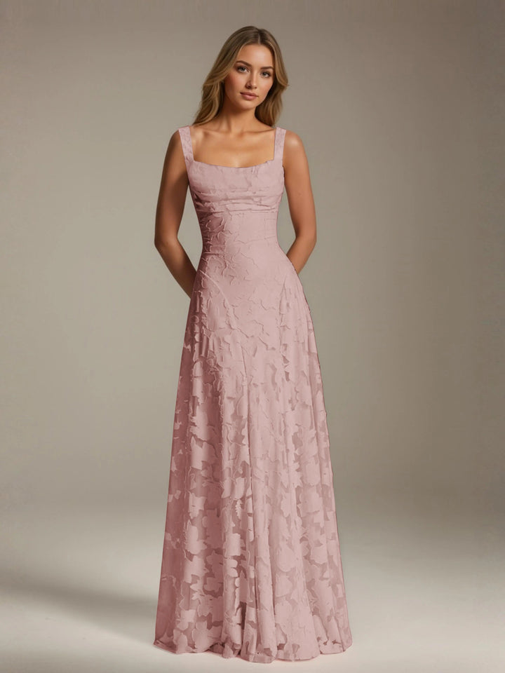 Adrienne women's floral bridesmaid dress: floor-length, A-line, square neckline, pink lace.