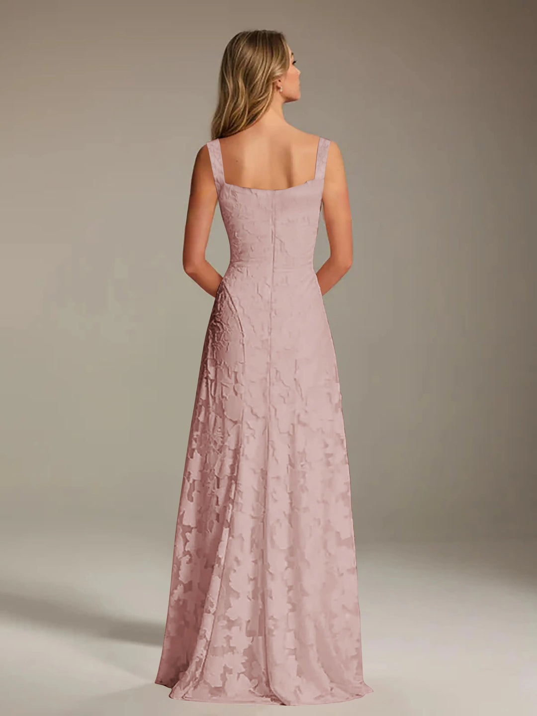 Adrienne women's floral bridesmaid dress, A-line gown with square neckline and delicate pink floral lace.