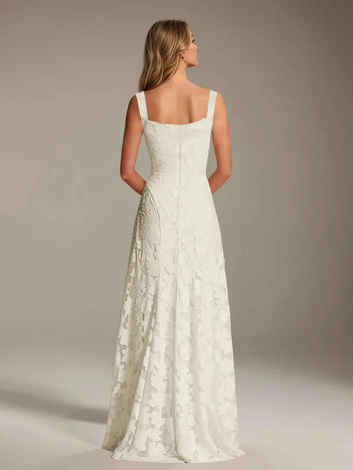 Back view of Adrienne A-line floral lace bridesmaid dress with square neckline.