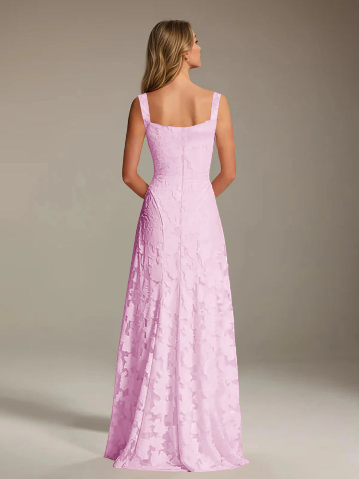 Adrienne women's floral bridesmaid dress: light pink A-line gown with square neckline and delicate lace.