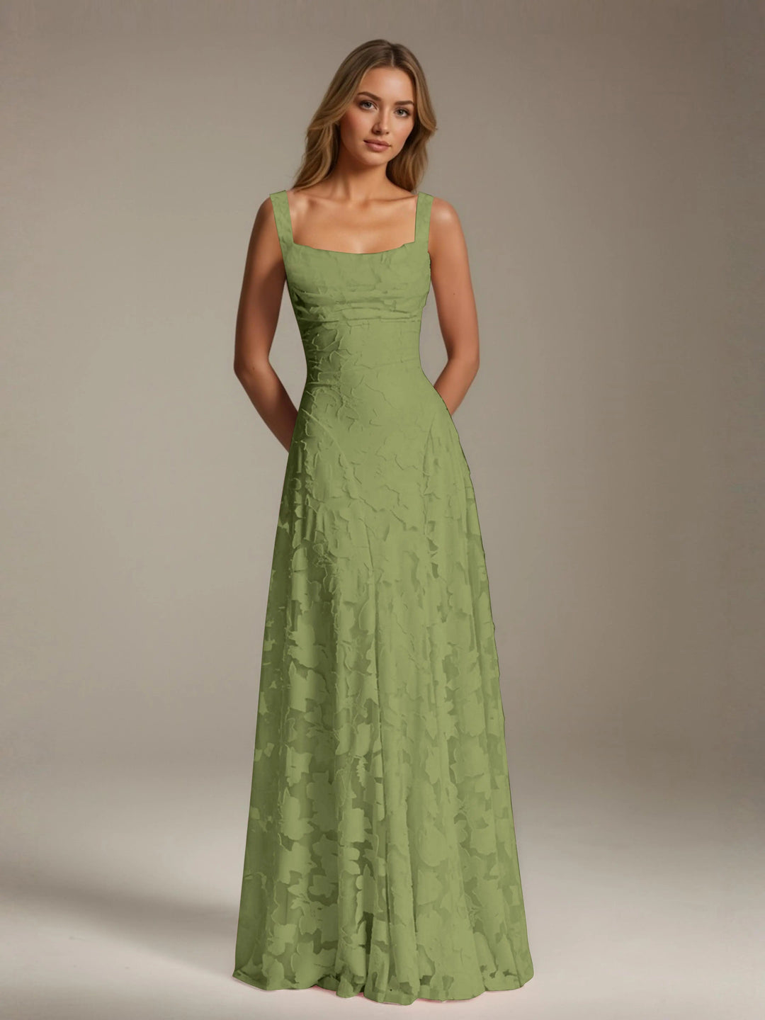 Adrienne women's floral lace A-line bridesmaid gown in sage green with a square neckline.