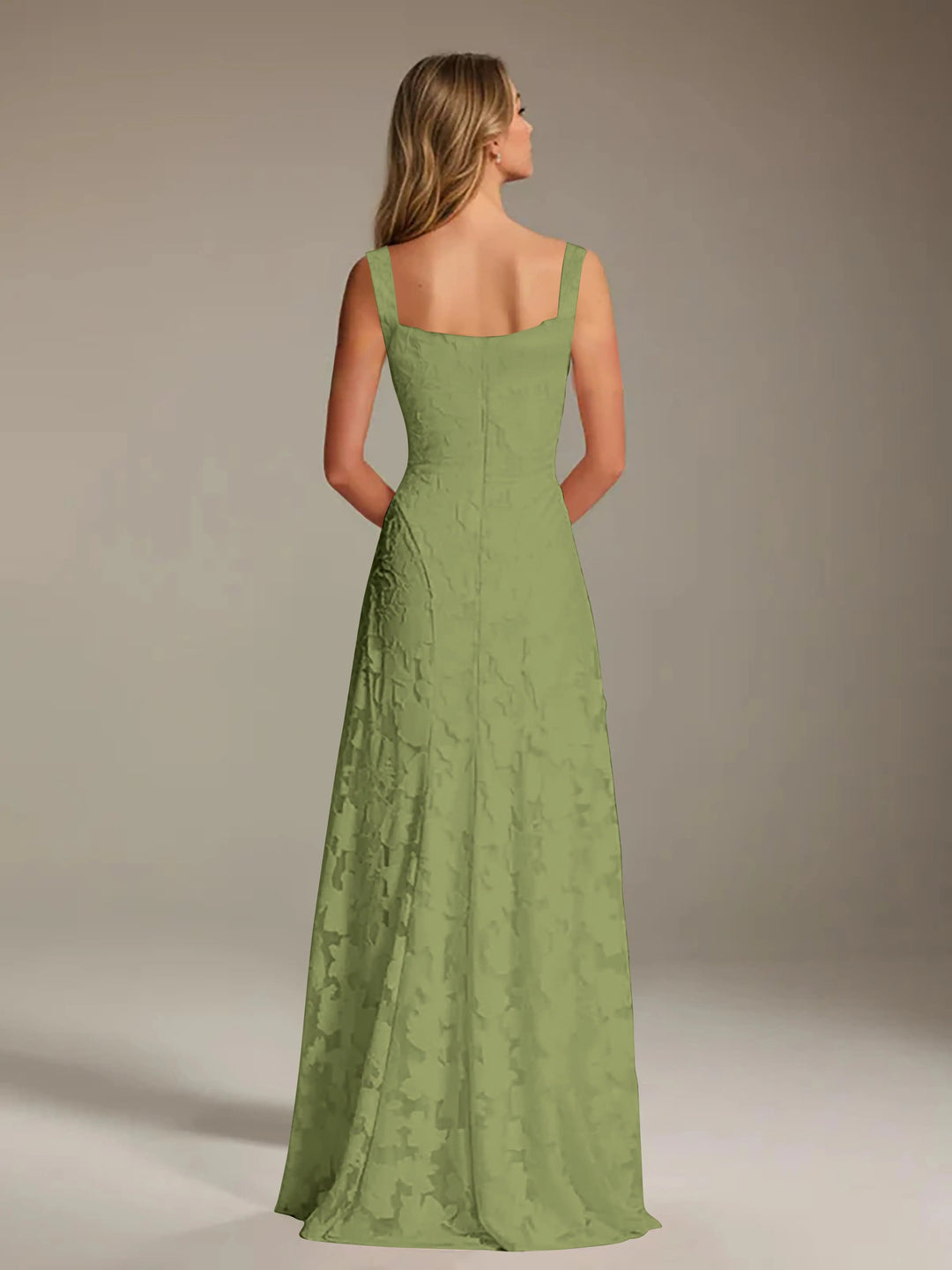 Back view of Adrienne A-line floral lace bridesmaid dress in sage green with square neckline.