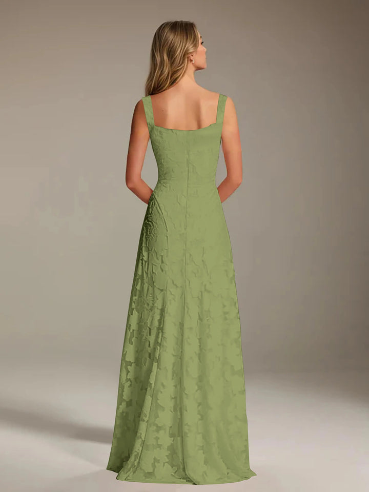 Back view of Adrienne A-line floral lace bridesmaid dress in sage green with square neckline.