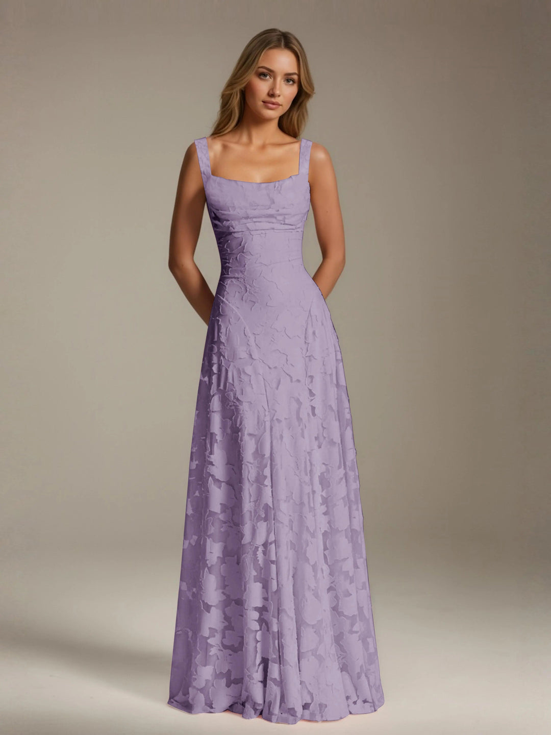 Adrienne women's lavender floral lace A-line bridesmaid dress with a square neckline.
