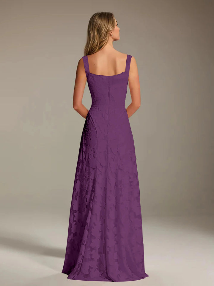 Adrienne women's purple floral lace A-line bridesmaid gown with square neckline, seen from the back.