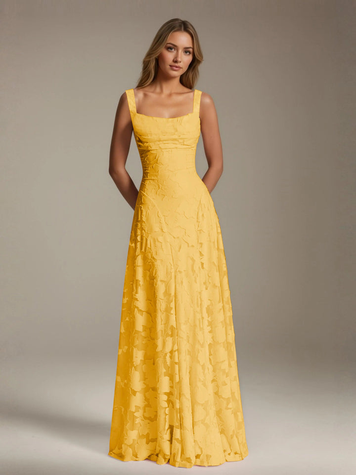 Adrienne women's floral lace A-line gown in yellow with a square neckline.