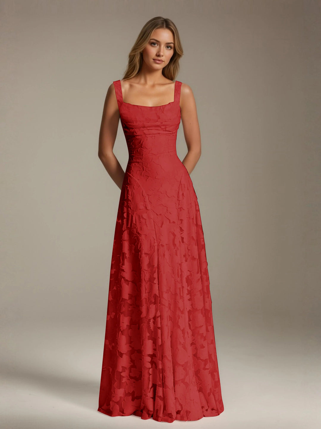 Red floral lace A-line bridesmaid dress with square neckline and floor-length skirt.