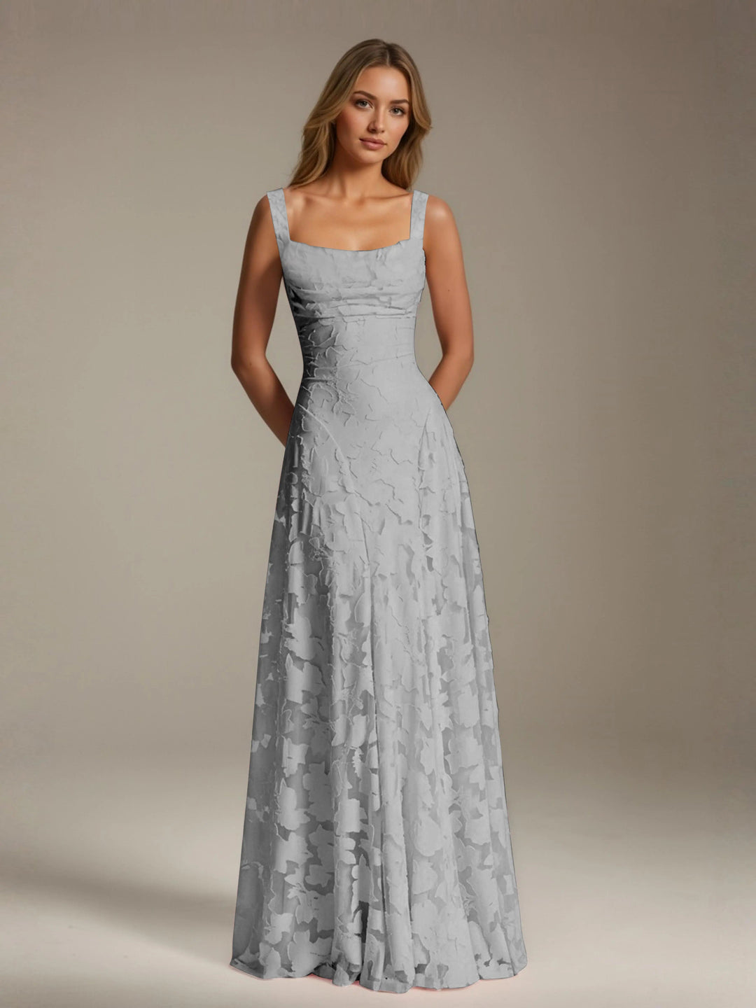 Adrienne women's light gray floral lace A-line bridesmaid dress with square neckline.