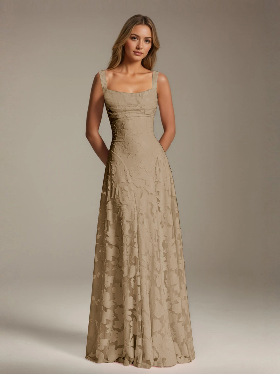 Adrienne women's floral bridesmaid dress: A-line, floor-length, square neckline, delicate beige floral lace.