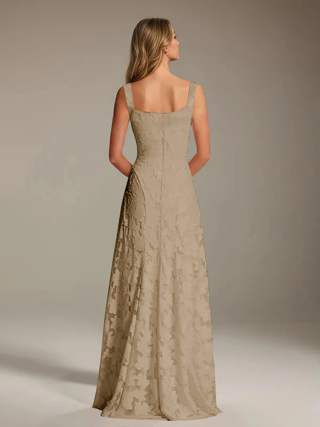 Adrienne women's floral bridesmaid dress: beige A-line gown with square neckline and delicate floral lace.