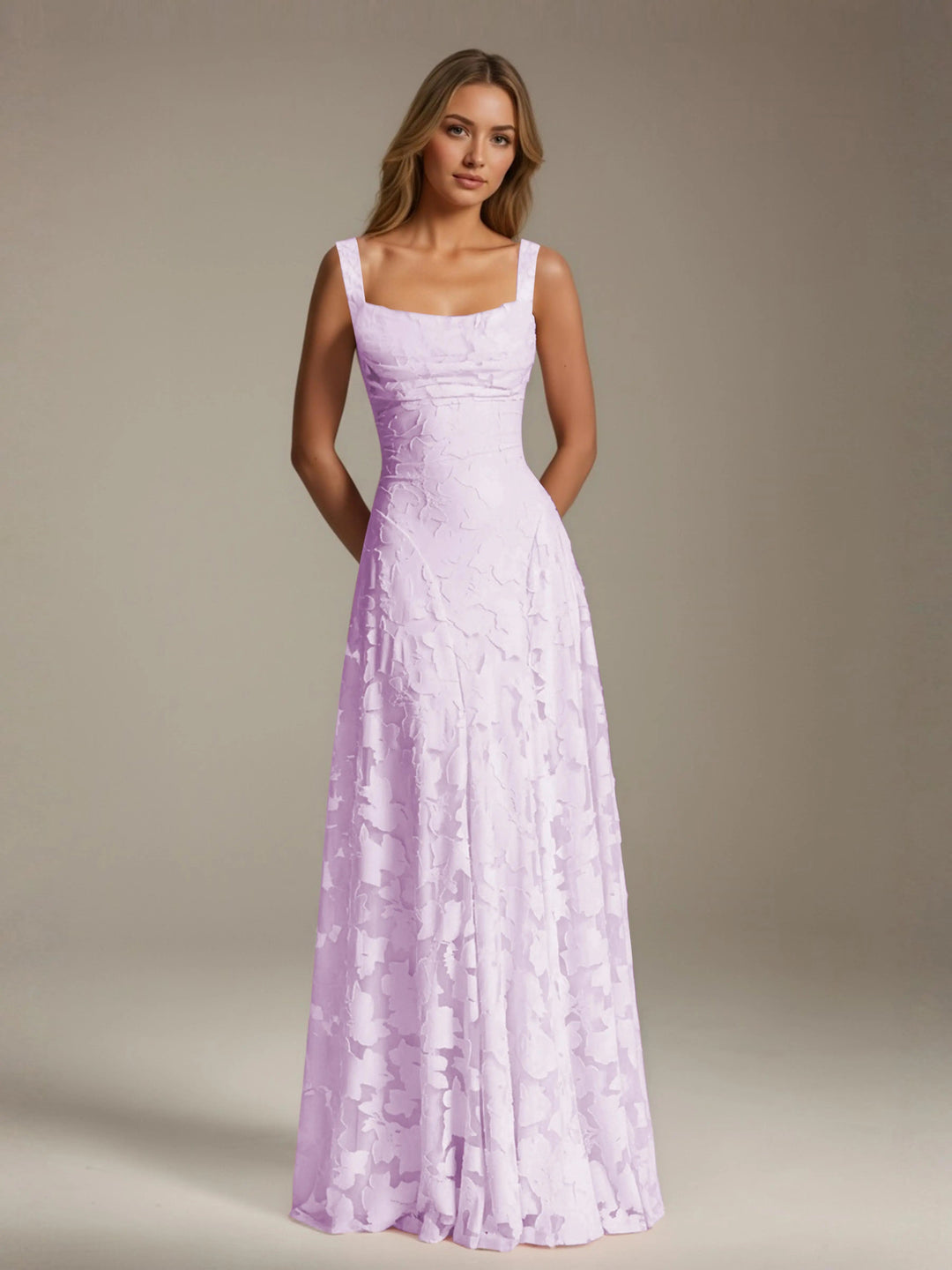 Adrienne A-line floral lace bridesmaid dress in lavender with a square neckline.