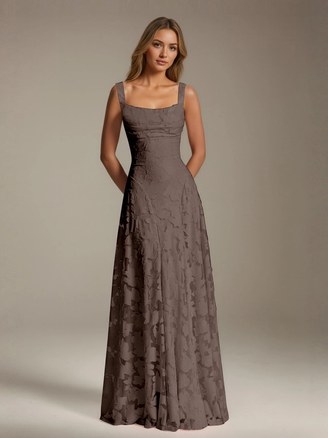 Adrienne women's floral bridesmaid dress: floor-length A-line gown in taupe with square neckline and lace detail.