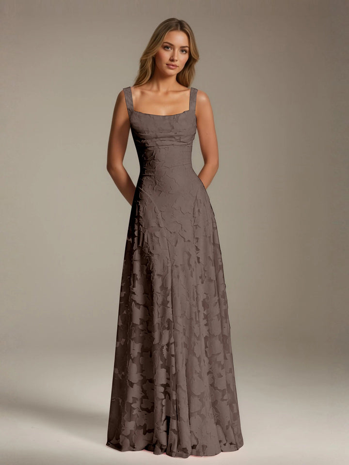 Adrienne women's floral bridesmaid dress: floor-length A-line gown in taupe with square neckline and lace detail.