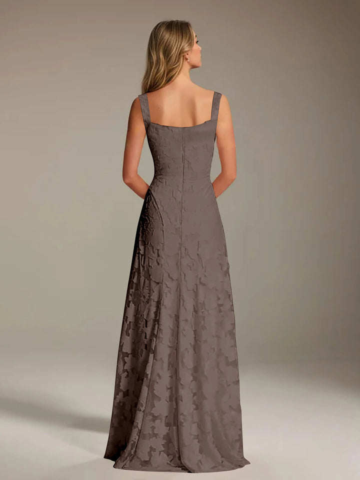 Adrienne women's floral bridesmaid dress: floor-length A-line gown in taupe with square neckline and lace texture.