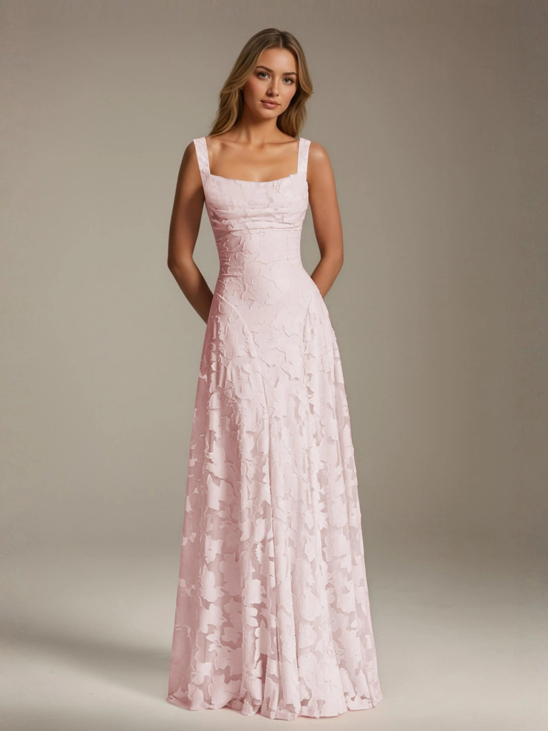 Women's Adrienne floral lace A-line bridesmaid gown in light pink with a square neckline.