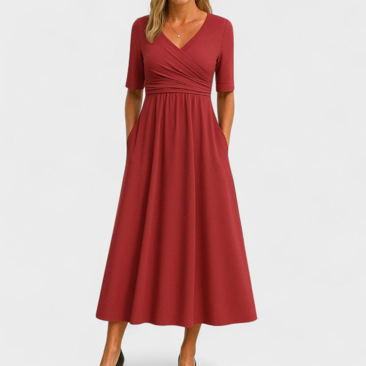 Amaya women's red V-neck wrap-style midi dress with elbow sleeves and side pockets.