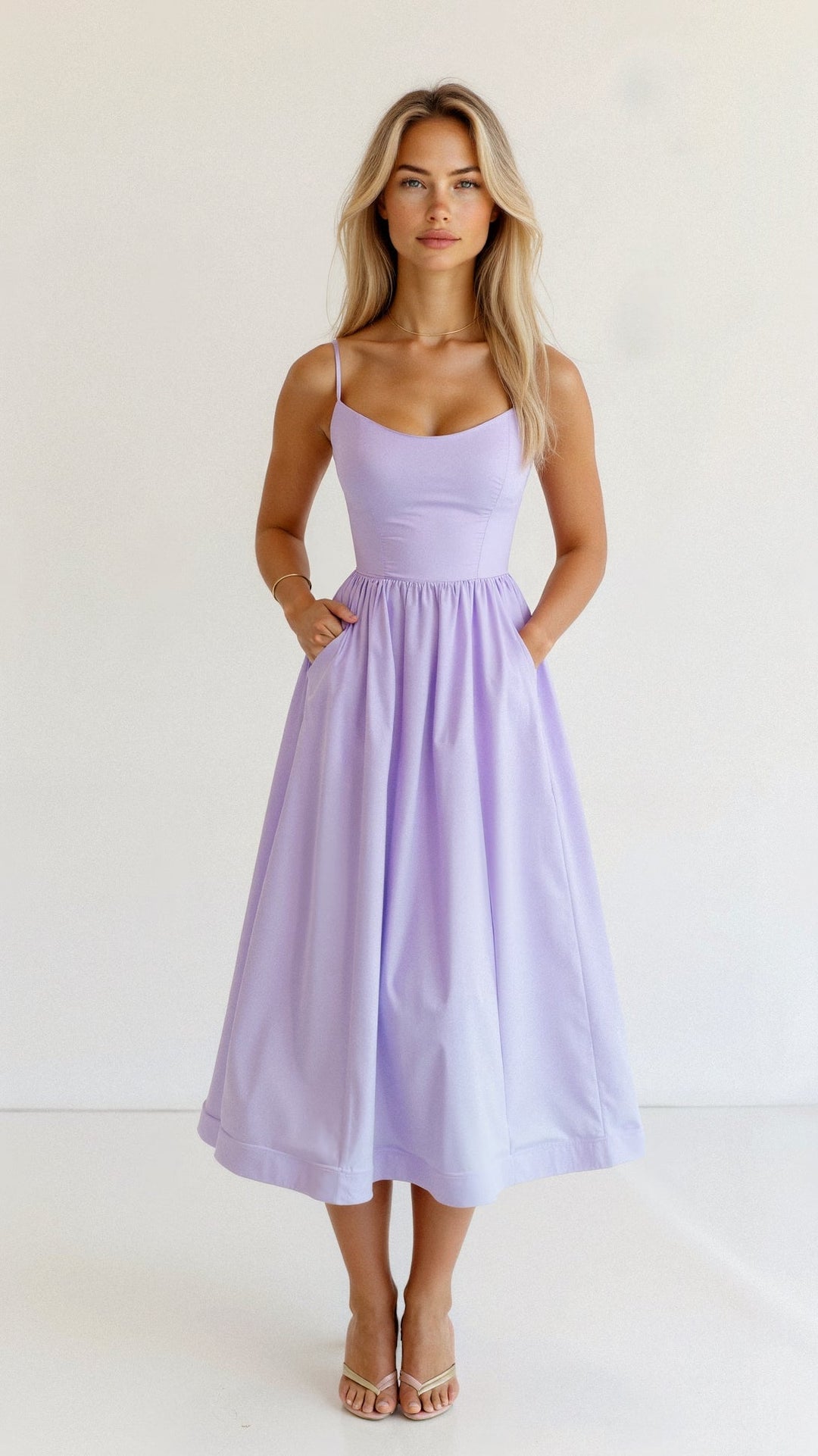 Arabella women's A-line midi dress with spaghetti straps, made from a flowy, light-colored fabric.