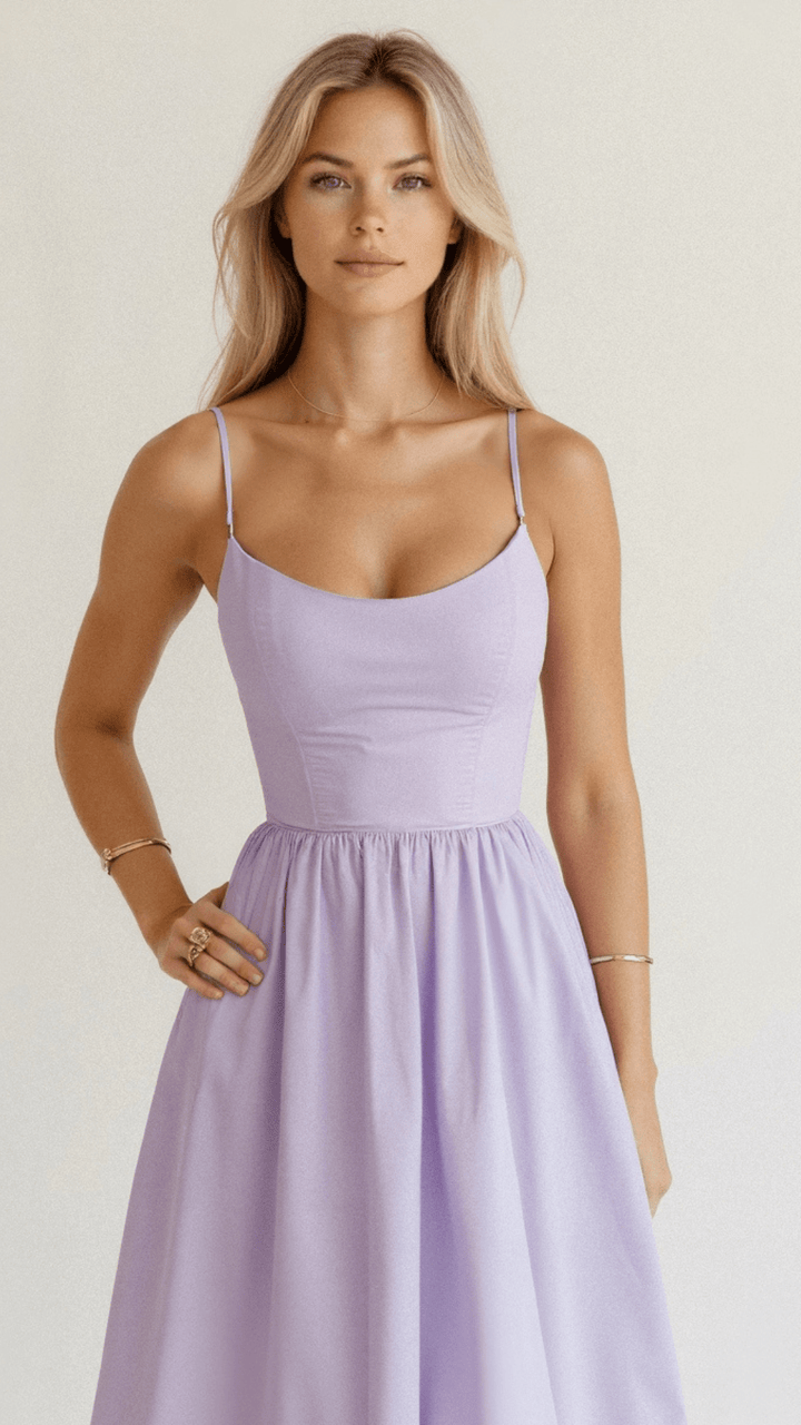 Arabella women's A-line midi dress with spaghetti straps, made from a flowy, solid-colored fabric.