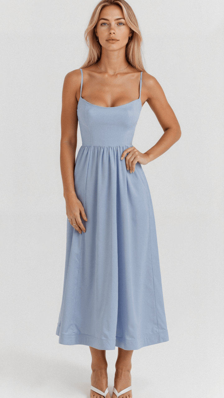 Arabella women's A-line midi dress with spaghetti straps, made of flowing fabric.