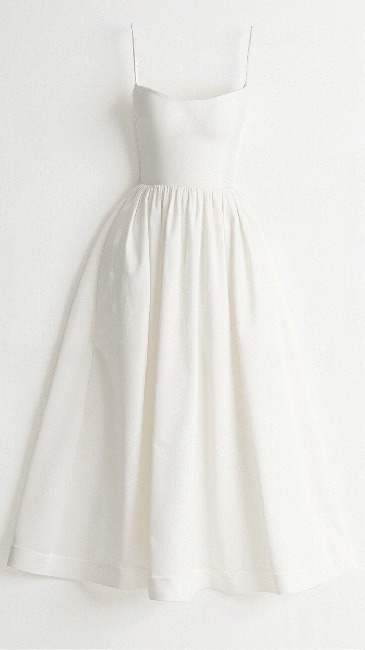 White Arabella A-line midi dress with spaghetti straps, flowing fabric, and elegant design.