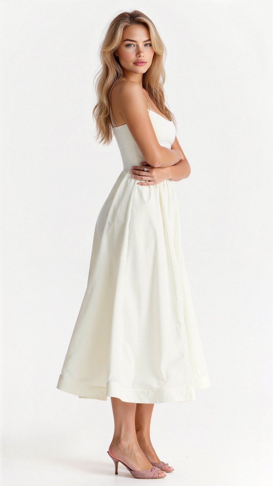 Arabella women's A-line midi dress with spaghetti straps, made from flowing fabric.