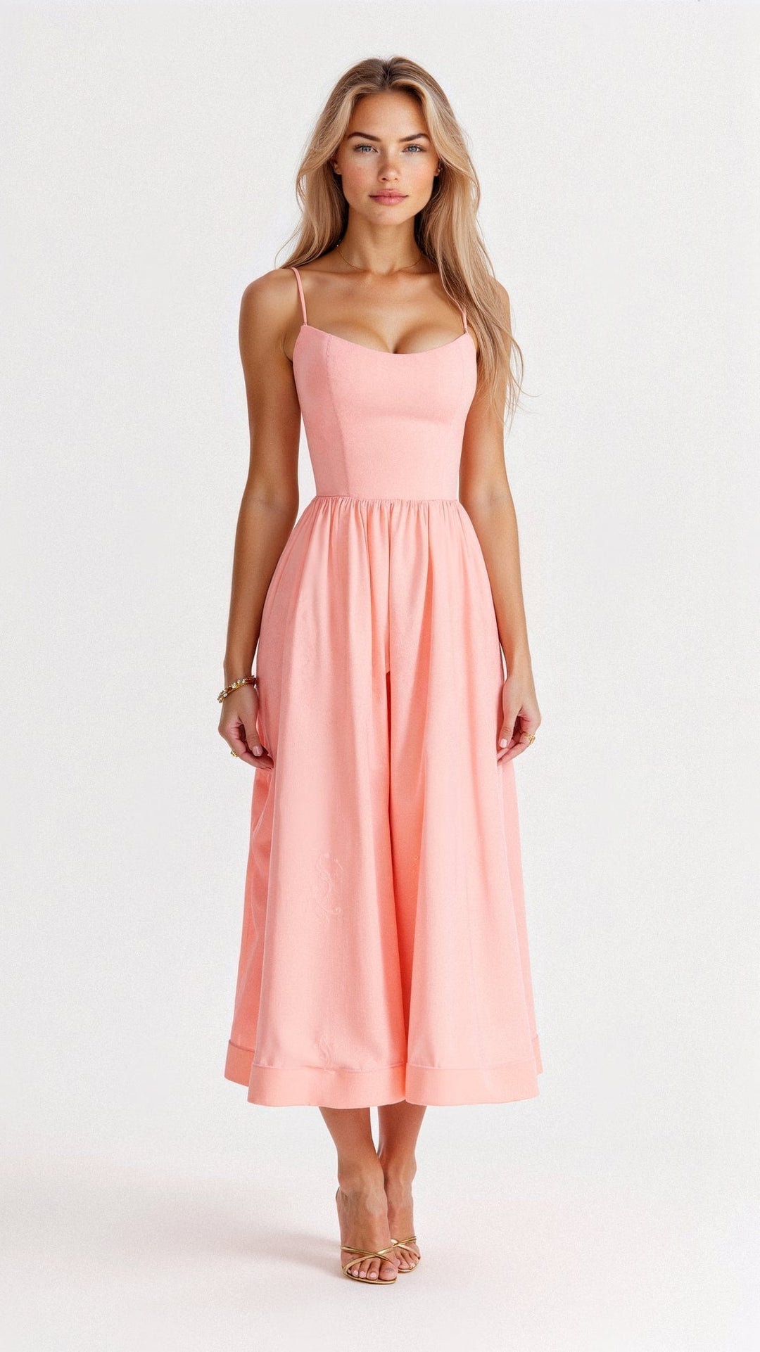 Arabella women's A-line midi dress with spaghetti straps, featuring a flowing skirt.