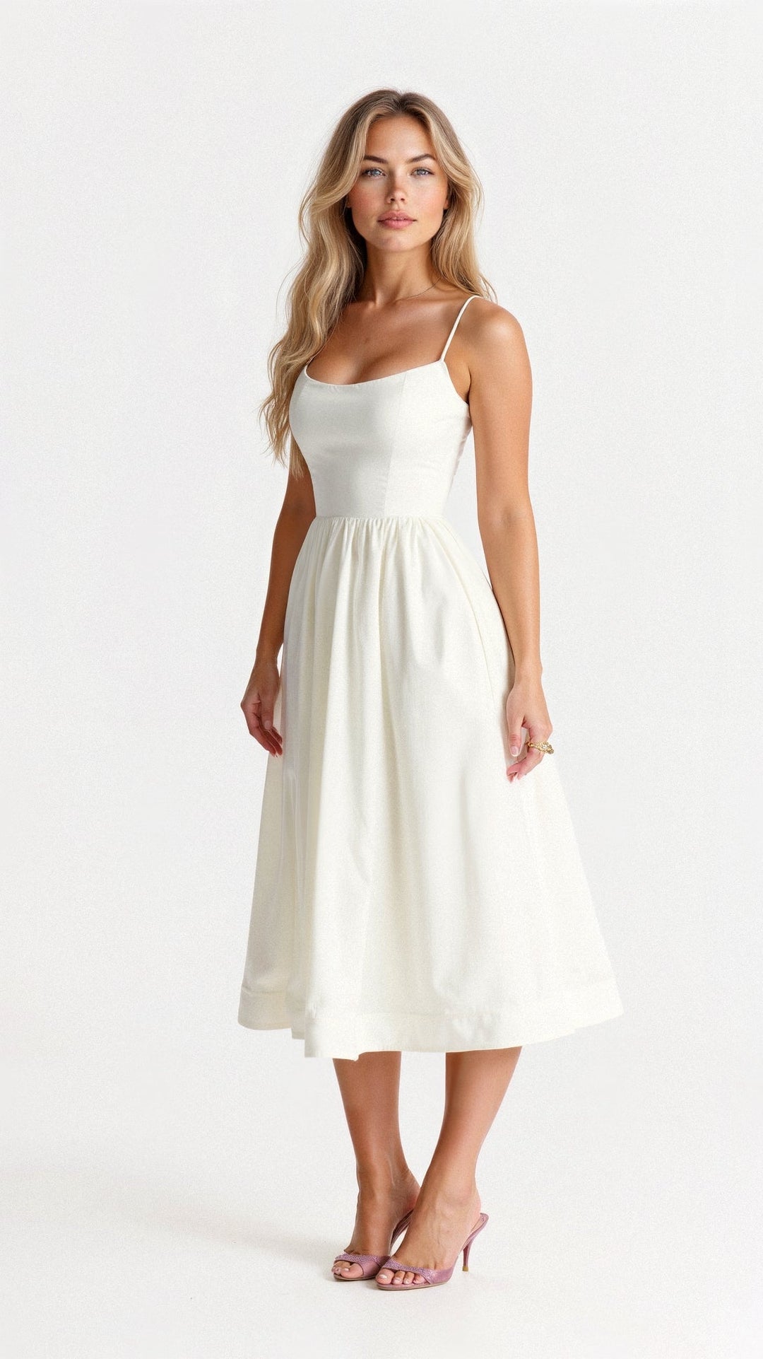 Arabella A-line midi dress with spaghetti straps, flowing fabric, and elegant silhouette.