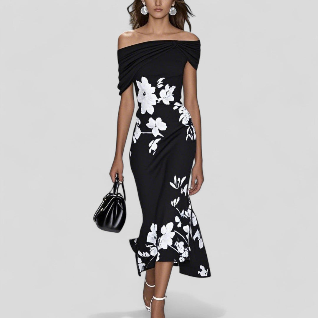 Celeste | Women’s Off Shoulder Floral Midi Dress with Draped Neckline
