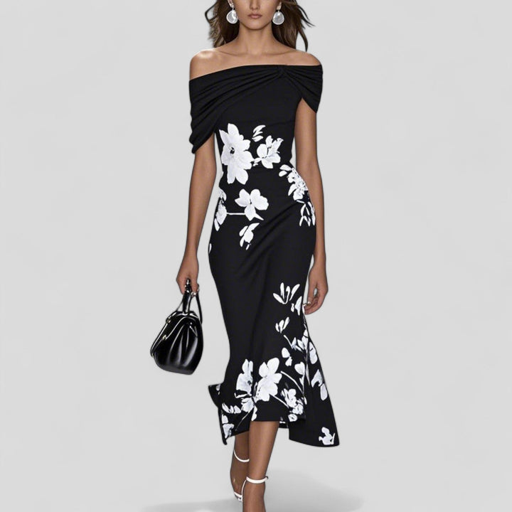 Celeste | Women’s Off Shoulder Floral Midi Dress with Draped Neckline