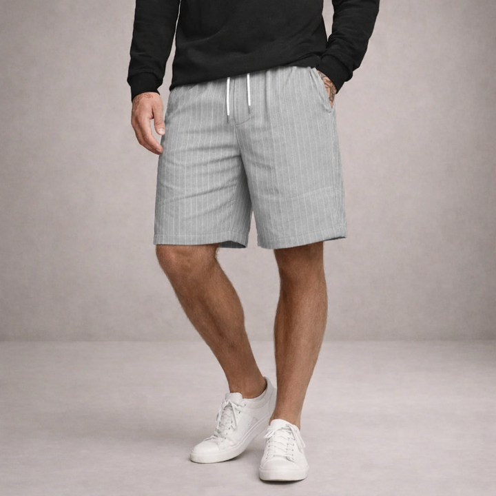 Men's Brandon light gray pinstripe linen drawstring summer shorts with side pockets.